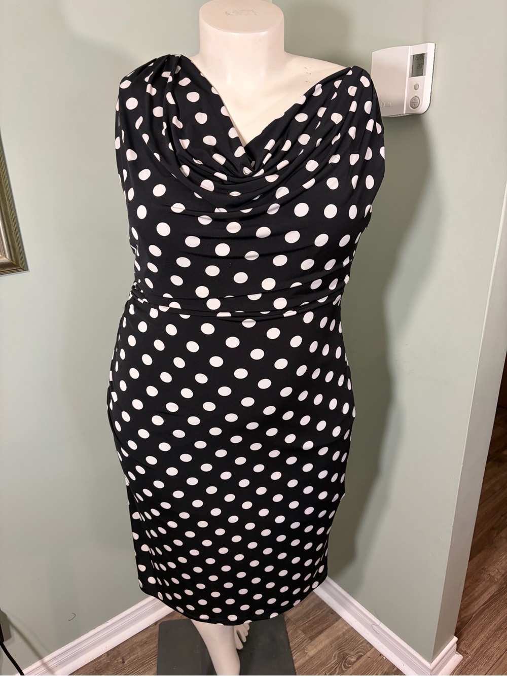 123. Ronni Nicole Black and White Polka Dot Draped Neck Sheath Dress